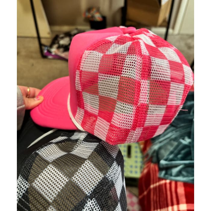 Checkered Trucker Hat - Pink + White - Hats & Hair Accessories