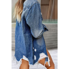 Load image into Gallery viewer, Distressed Frayed Long Denim Jacket - Tops