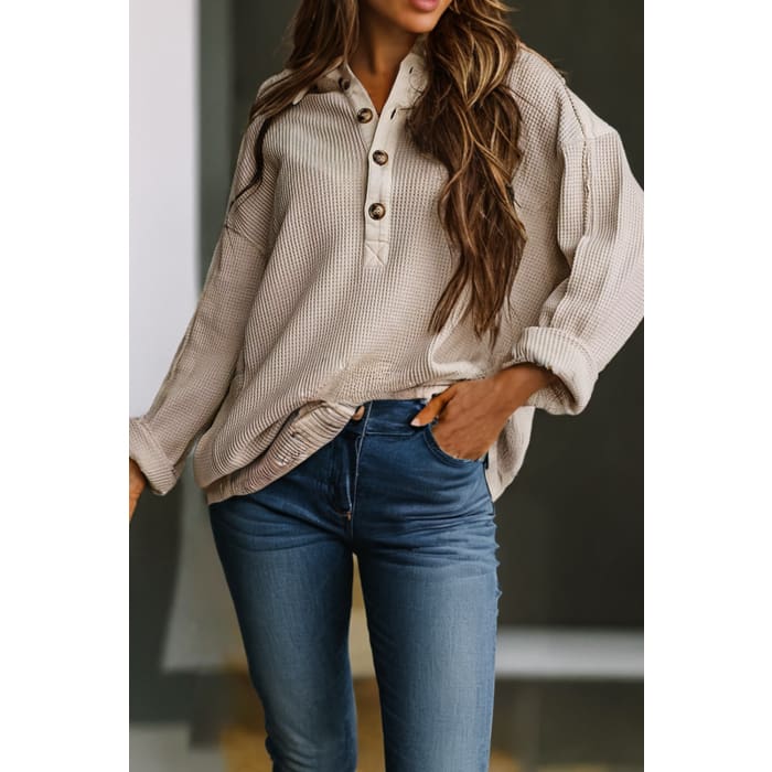 LDC Waffle Long Sleeve Collar Half Button Loose Top - Beige / XL