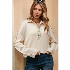 LDC Waffle Long Sleeve Collar Half Button Loose Top