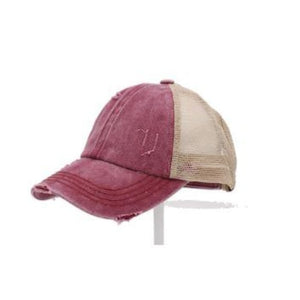 Washed Denim Criss Cross High Pony CC Ball Cap - Berry - Hats & Hair Accessories