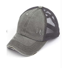 Load image into Gallery viewer, Washed Denim Criss Cross High Pony CC Ball Cap - Grey - Hats &amp; Hair Accessories