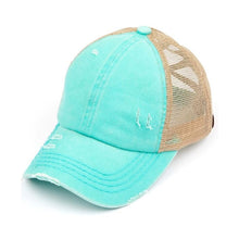 Load image into Gallery viewer, Washed Denim Criss Cross High Pony CC Ball Cap - Mint - Hats &amp; Hair Accessories