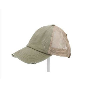Washed Denim Criss Cross High Pony CC Ball Cap - Olive - Hats & Hair Accessories