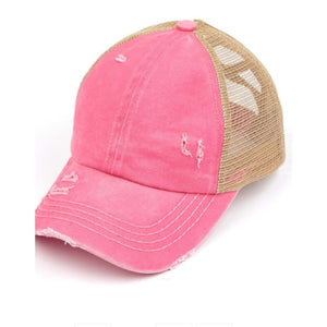 Washed Denim Criss Cross High Pony CC Ball Cap - Pink - Hats & Hair Accessories